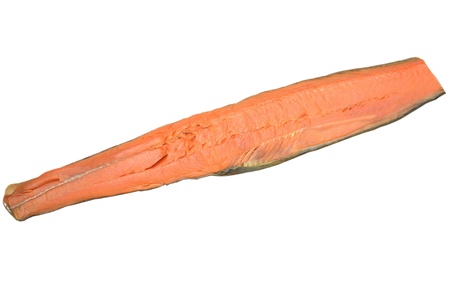 A long piece of red smoked fish isolated on white backgroundの写真素材