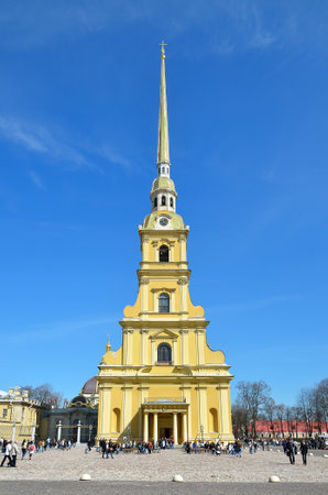 PETERSBURG-APRIL-30  Peter and Paul Church in Peter and Paul Fortress  It is decorated with spire height of 122 5 meters  It is the tallest architectural construction in Petersburg, Russia on April 30,2012のeditorial素材
