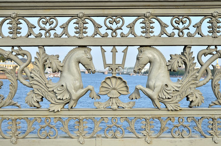 Detail of decorative fence of ancient Blagoveshchensky  Annunciation  bridge in St  Petersburg, Russiaのeditorial素材