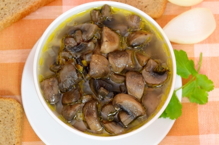 Mushroom soup in a white bowl on a tableの写真素材