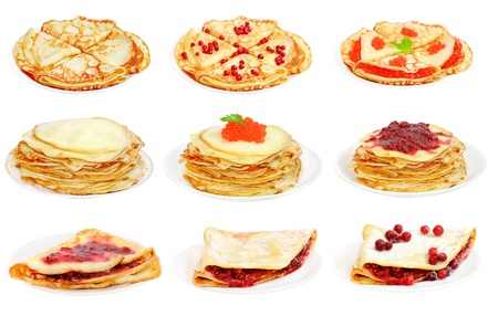 Set with pancakes isolated on white backgroundの写真素材