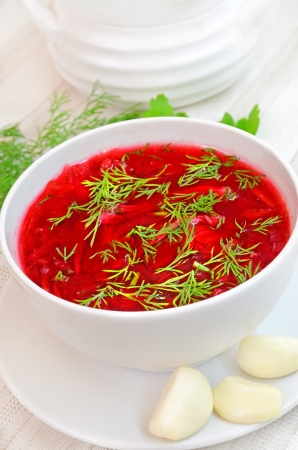 Ukrainian and russian national red borsch with herbs の写真素材