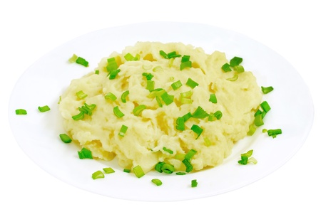 Mushed potato on a white plate isolated on white backgroundの写真素材