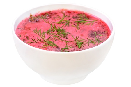 Red borsch with sour cream isolated on white backgroundの写真素材