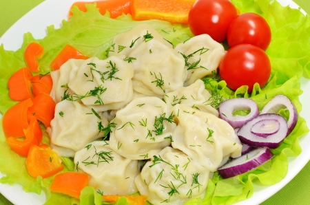 Dumplings with meat on a plate with colorful fresh vegetables, close up viewの写真素材