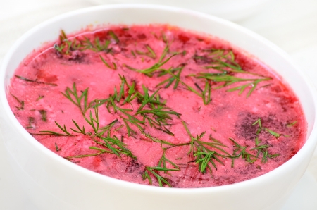 Red borscht with sour cream and dillの写真素材