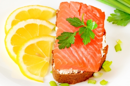 Sandwich with salmon, lemon slices and parsley on a white plateの写真素材