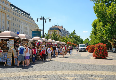 BRATISLAVA - AUGUST 1  Tourists are shopping on street in old town of Bratislava on August 1, 2013 in Bratislava, Slovakia  Capital of Slovakia is the political, cultural, and economic centre of Slovakia, with a population of about 460000 のeditorial素材