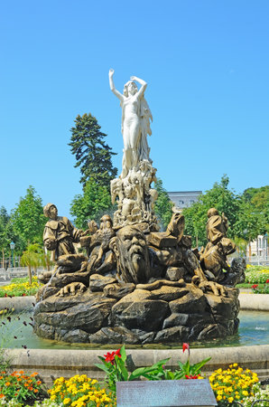 BADEN BEI WIEN, AUSTRIA - JULY 29  Undine-Brunnen fountain in Kurpark on July 29, 2013 in Baden bei Wien, Austria  Opened in 1903 のeditorial素材
