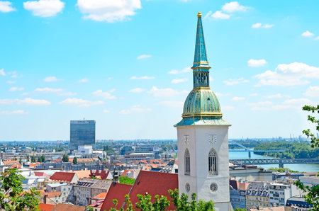 BRATISLAVA, SLOVAKIA - AUGUST 1, 2013: Top view of Bratislava. Capital of Slovakia is the political,...