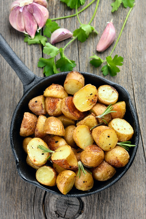 French fries potato in pan, top viewの写真素材