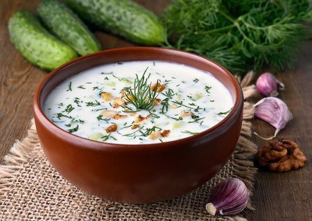 Cold soup with yoghurt, cucumber and walnutsの写真素材