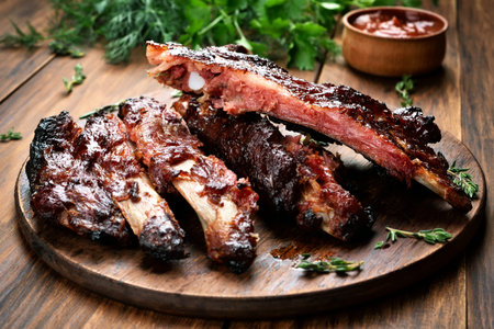Roasted sliced barbecue pork ribs, focus on sliced meat