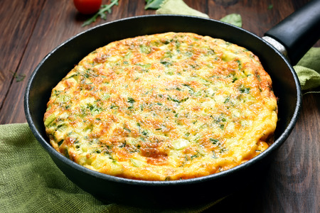 Omelette in frying pan, close up viewの写真素材