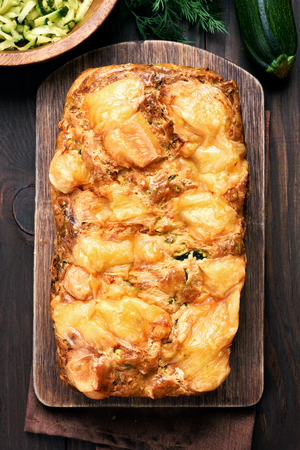 Zucchini bread loaf, vegetarian food, top viewの写真素材