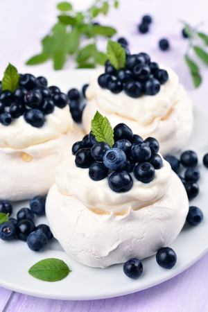 Pavlova meringue cakes with blueberries, summer dessertの写真素材