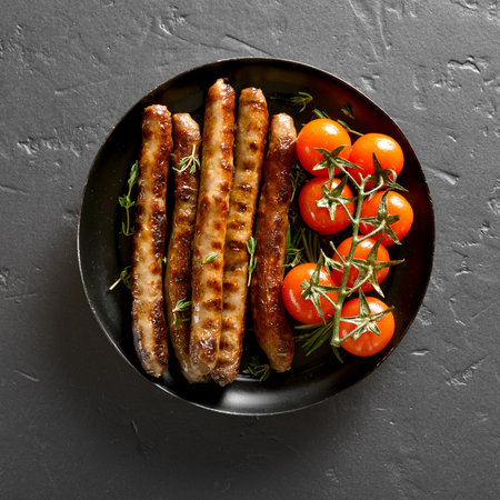 Roasted sausages and cherry tomatoes on plate over black stone table. Top view, flat layの写真素材