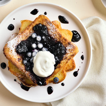 Close up of french toasts with blueberry sauce on stone table. Top view, flat lay