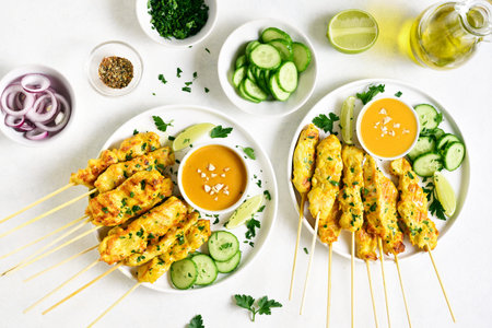 Chicken satay with peanut sauce. Grilled chicken skewers served with peanut dipping sauce. Tasty meal for dinner or party appetizers. Light background, top view, flat layの写真素材