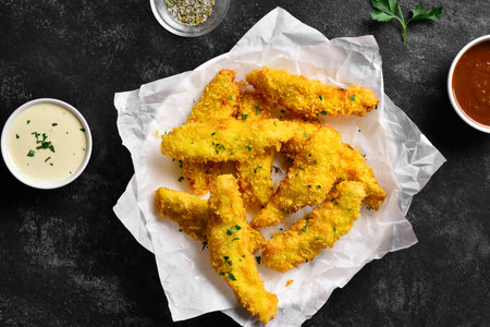Crispy fried breaded chicken breast strips on paper over on dark stone background. Top view, flat...
