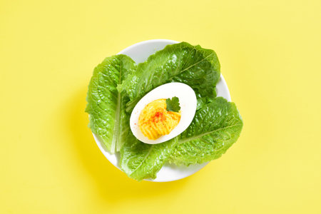 Deviled egg with paprika, mustard and mayonnaise. Appettizer for breakfast or lunch. Yellow background with free text space. Top view, flat layの写真素材