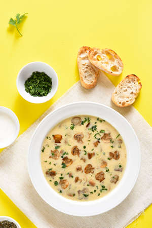 Creamy mushroom soup over yellow background. Top view, flat layの写真素材