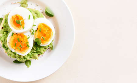 Close up view of avocado toast bun with eggs on plate over light stone background with free text space. Top view, flat layの写真素材