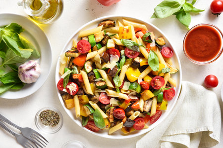 Ratatouille pasta salad on plate over white stone background. Top view, flat lay, close upの写真素材