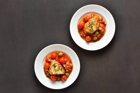 Cod stew with chickpeas, cherry tomatoes and olives on plate over dark stone background with free text space. Top view, flat layの写真素材