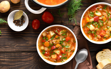 Cabbage soup in bowls over wooden background. top view, flat layの写真素材
