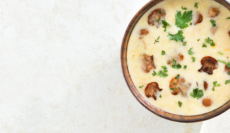 Close up view of creamy mushroom soup in bowl over light stone background with copy space. Top view, flat layの写真素材