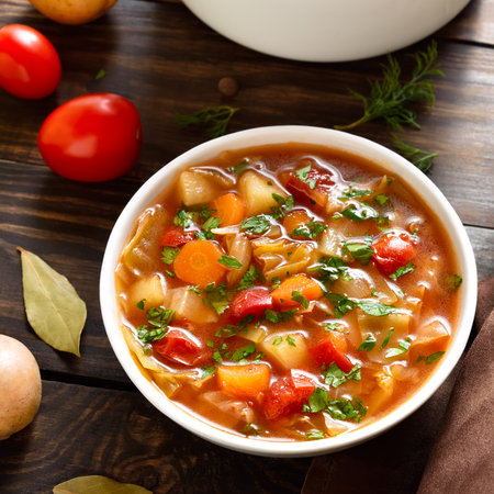 Vegetable soup from cabbage, carrot, potato in bowl on wooden table. Concept of healthy eating. close up viewの写真素材