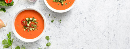 Gazpacho soup in bowl over light stone background with free text space. Healthy food concept. top view, flat layの写真素材