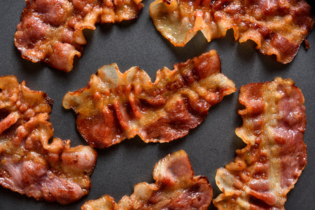 Close up view of grilled bacon. Top view, flat layの写真素材