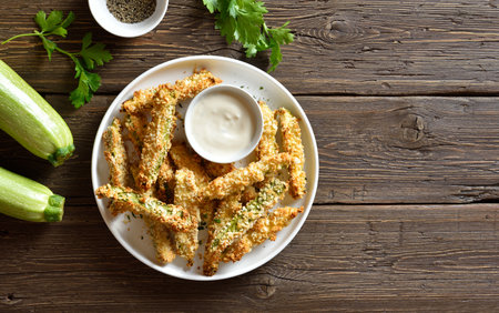 Crunchy zucchini breaded sticks with dip sauce on plate over wooden background with free space. top view, flat layの写真素材