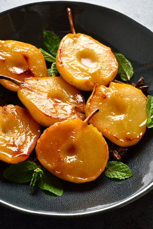 Poached pears on plate. Close up viewの写真素材