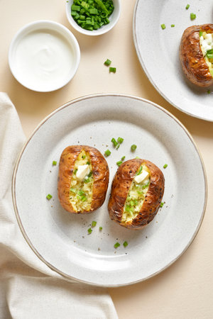 Baked filled potatoes with green onion and butter over light background. Top view, flat layの写真素材