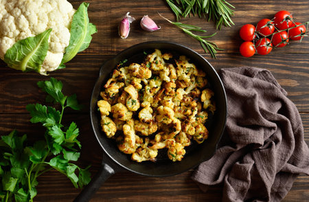 Roasted cauliflower in cast iron pan on wooden table. Top view, flat layの写真素材