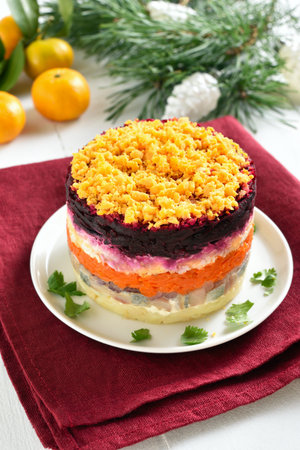 Close up view of shuba salad. Dressed herring, herring under fur coat. Christmas layered vegetable...