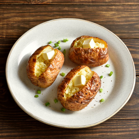 Oven baked potato with butter on white plate on wooden table. Close up viewの写真素材