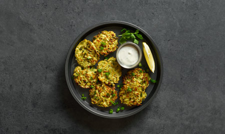 Vegetable vegetarian zucchini fritters served with sauce on plate over dark stone background with copy space. Top view, flat layの写真素材
