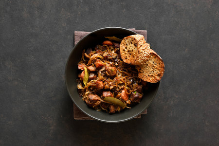 Traditional polish Bigos in bowl over dark stone background with copy space. Stewed cabbage with sauerkraut, mushrooms, smoked meats and spices. Top view, flat layの写真素材