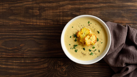 Cauliflower cheese soup in bowl over wooden background. Vegetarian or healthy diet food concept. Top view, flat layの写真素材