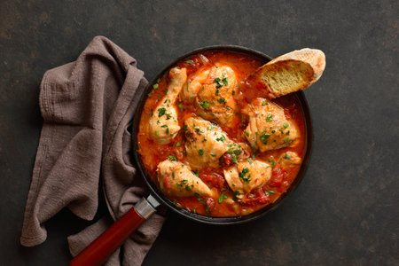 Georgian chicken stew with tomatoes and herbs (chakhokhbili) in cast iron skillet over dark stone background. Baked chicken with tomato vegetable gravy. Top view, flat layの写真素材