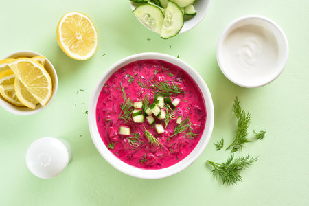 Cold summer beetroot soup in bowl over green background. Healthy detox or vegetarian food concept. Top view, flat layの写真素材