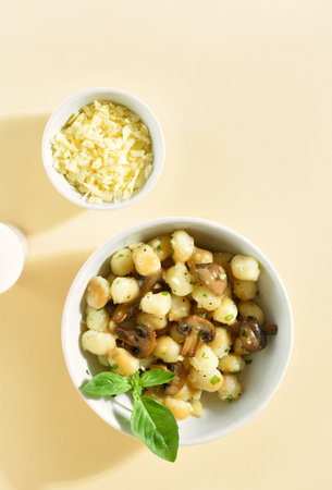 Potato gnocchi with butter, cheese and greens in bowl over light background. Top view, flat layの写真素材