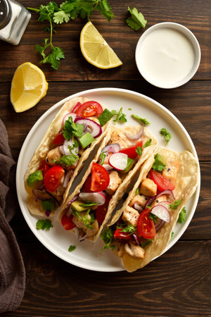 Homemade tacos with vegetables and meat on white plate over wooden background. Top view, flat layの写真素材