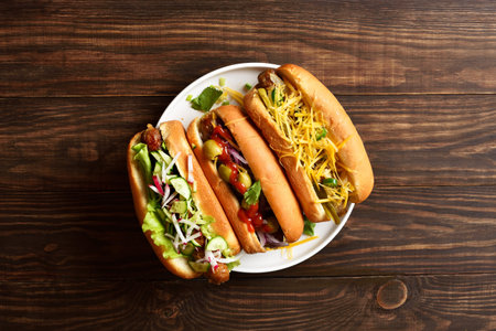 Hot dogs loaded with assorted toppings on wooden background. Top view, flat lay