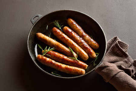 Close up view of delicious thin sausages in frying pan on dark stone background.の写真素材