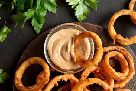 Close up view of deep fried onion rings on wooden serving dish on dark background. Top view, flat layの写真素材